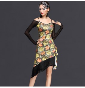 Yellow green coffee floral printed black see through long sleeves dew shoulder women's female ladies competition performance professional latin ballroom dance dresses outfits 